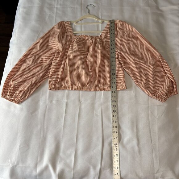 Striped Cotton Button-Up Puff Sleeve Blouse With Square Neckline Elasticized Det - Picture 6 of 12